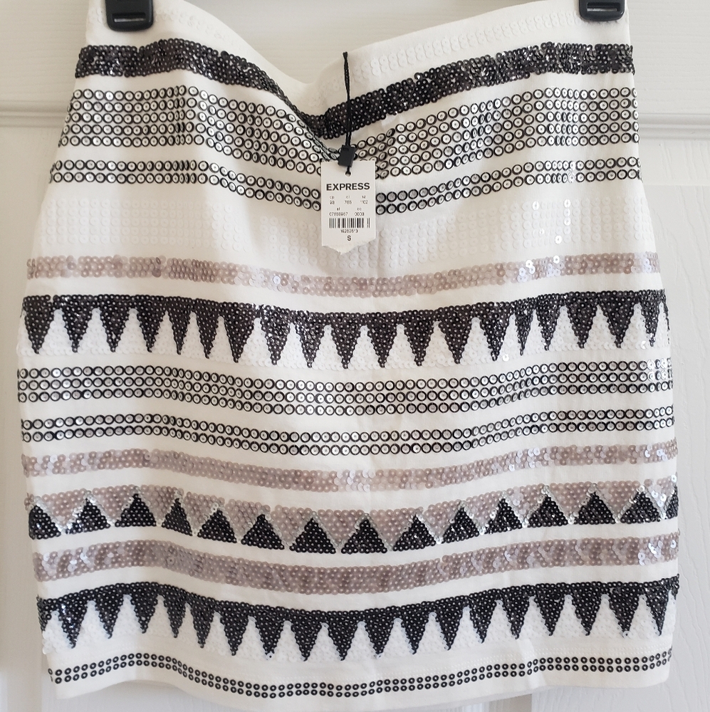 Express White & Black Sequin Mini Skirt